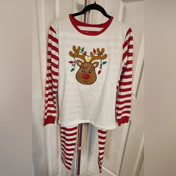 Red and White Striped Pajamas with Reindeer Design - Picture 2 of 2